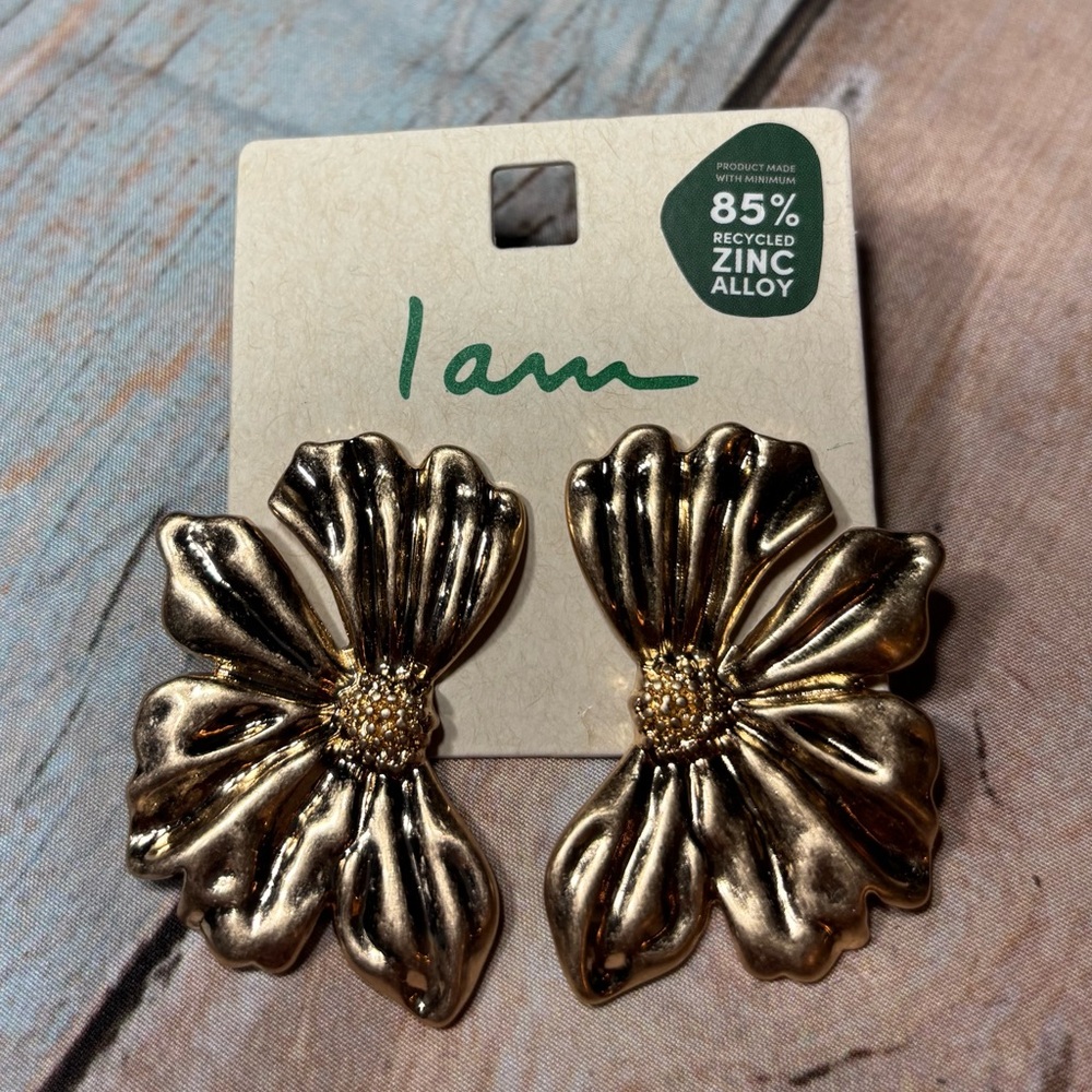 New I Am Gold Floral Statement Earrings